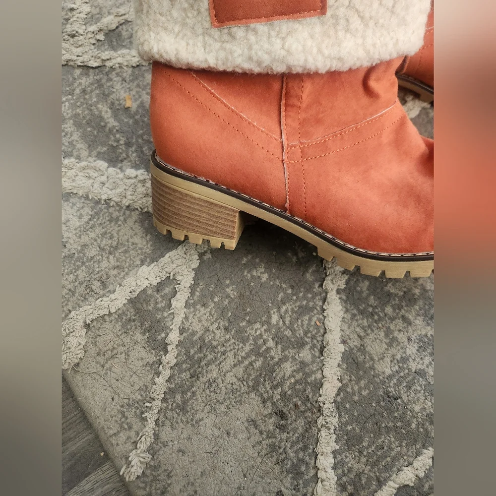 Cozy Orange Suede Ankle Boots with Fuzzy Faux Fur Lining With A Block Heel
